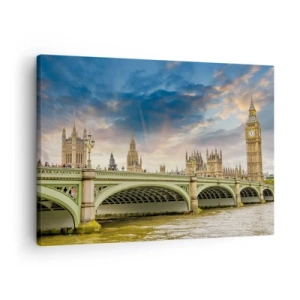 Lærredstryk - Billede på lærred - Big Ben og Westminster Bridge mod himlen i skumringen - 70x50cm - Tiden stod stille i Imperiet - Moderne vægdekoration til stue og soveværelse ARTTOR