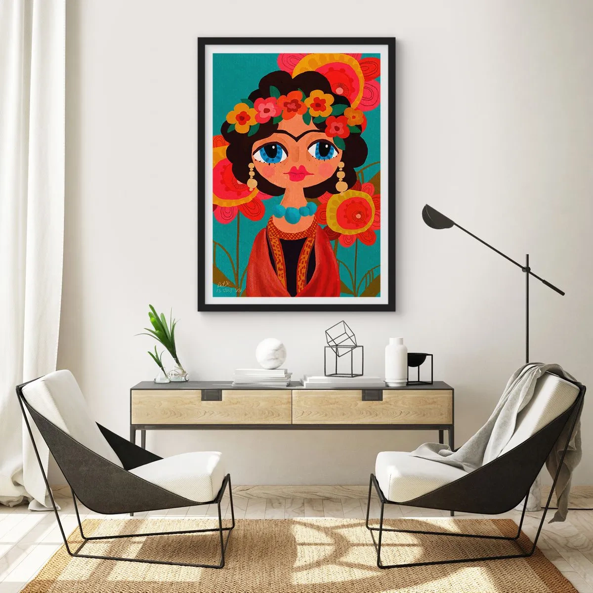 Plakat i sort ramme - Farverigt portræt af en kvinde i folkestil og en blomsterkrone - 50x70cm - Valmuens jomfru - Moderne vægdekoration til stue og soveværelse ARTTOR