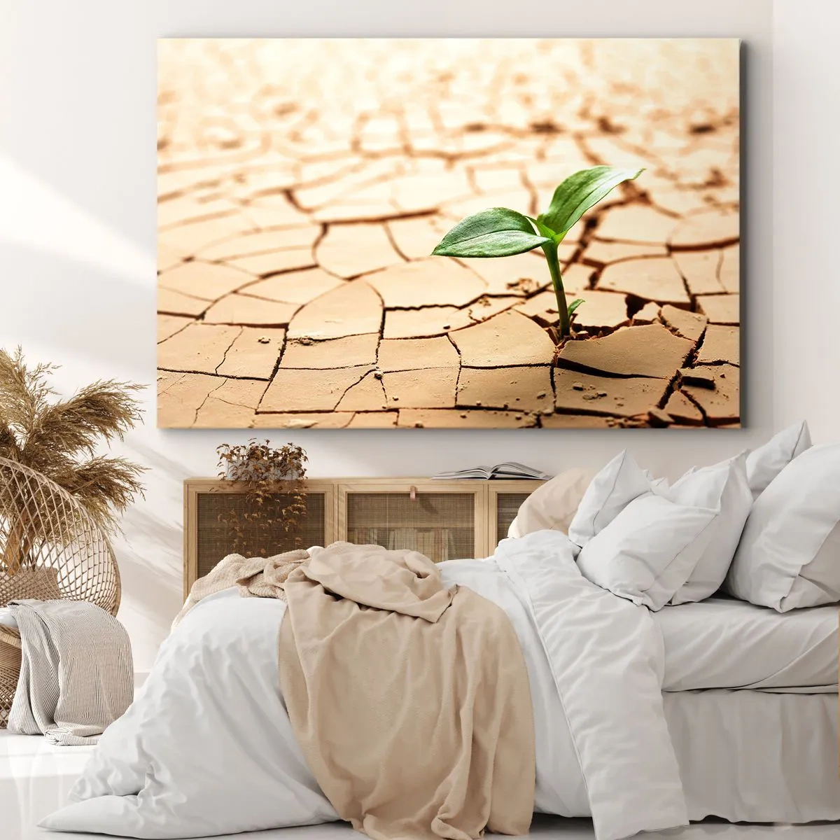 Lærredstryk - Billede på lærred - En grøn plante, der vokser op af tør, revnet jord - 70x50cm - Den ukuelige livskraft - Moderne vægdekoration til stue og soveværelse ARTTOR