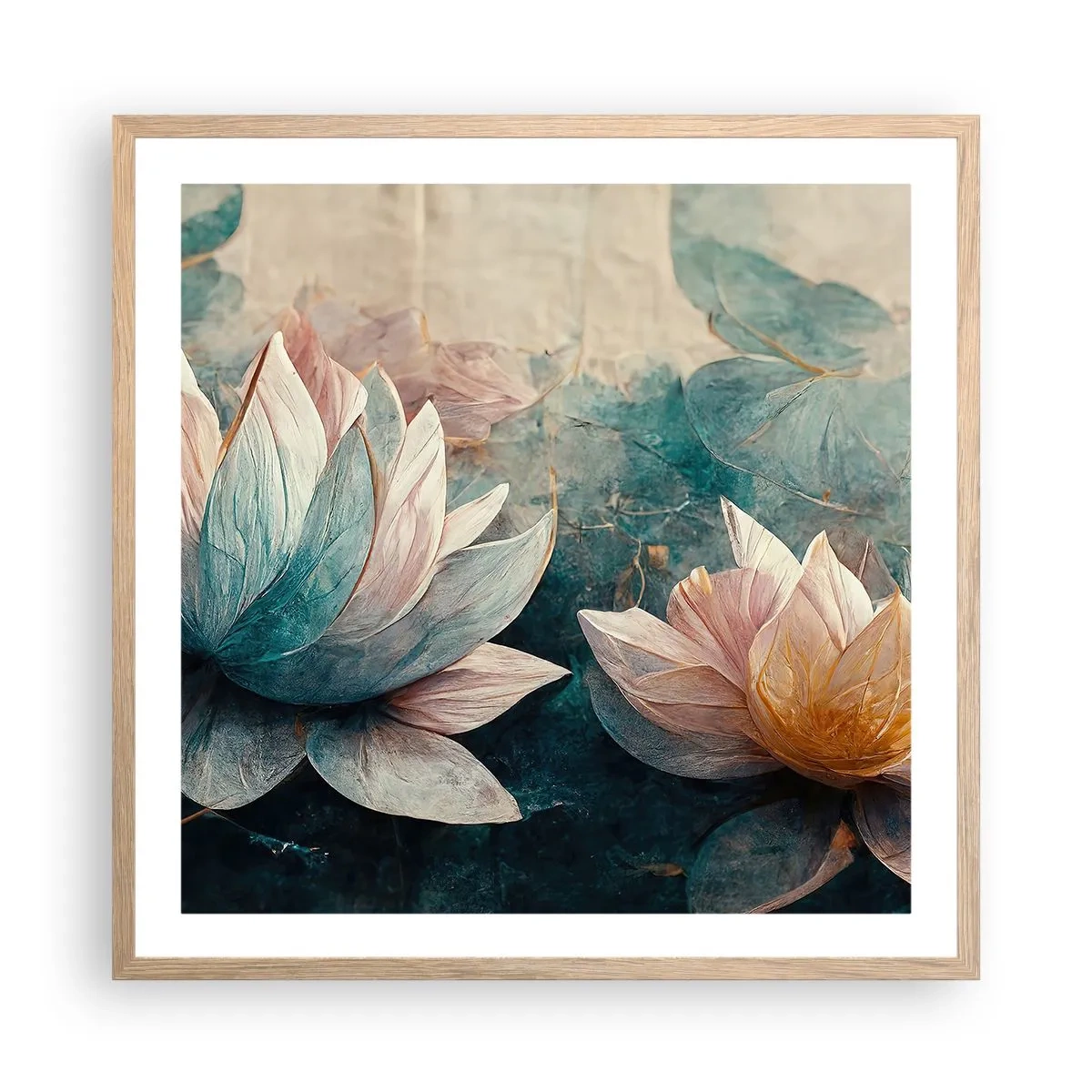 Plakat i ramme af lyst egetræ - Søens stjerner - 60x60 cm