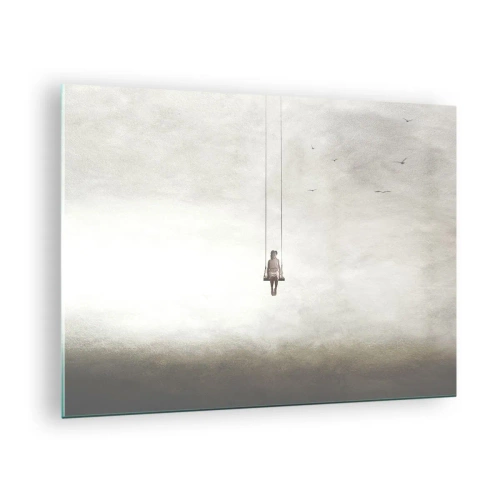 Billede på glas - En figur på en gynge, der hænger i himlen - 70x50cm - Barnet i os selv - Moderne vægdekoration til stue og soveværelse ARTTOR
