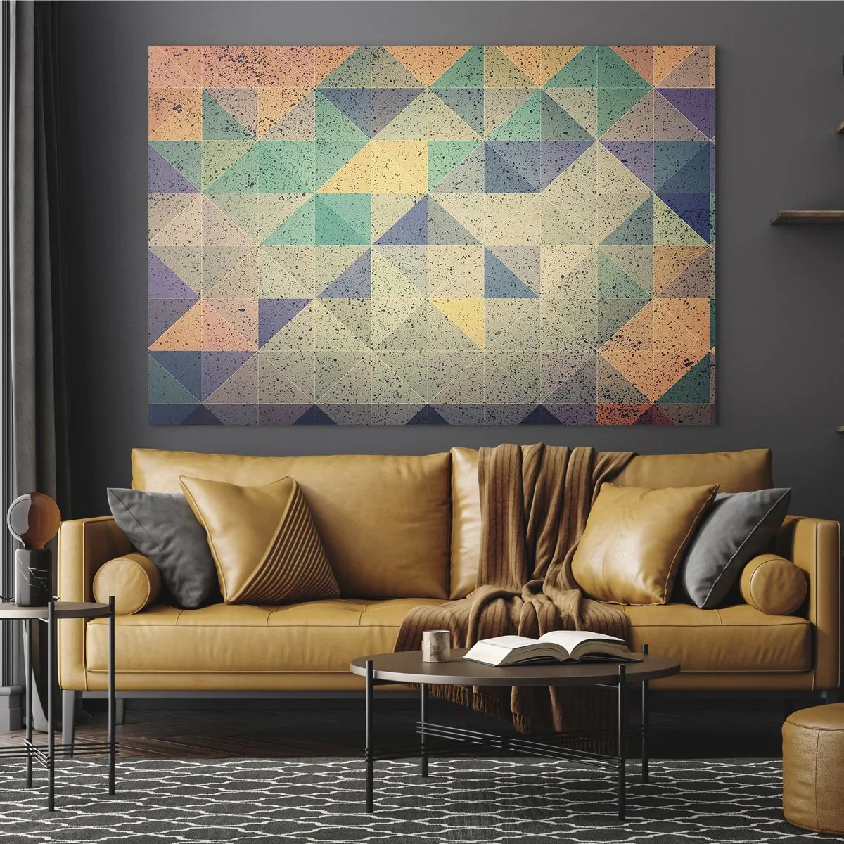 Billede på glas - Farverig mosaik med geometriske trekanter i retrostil - 70x50cm - Republikken trekanter - Moderne vægdekoration til stue og soveværelse ARTTOR
