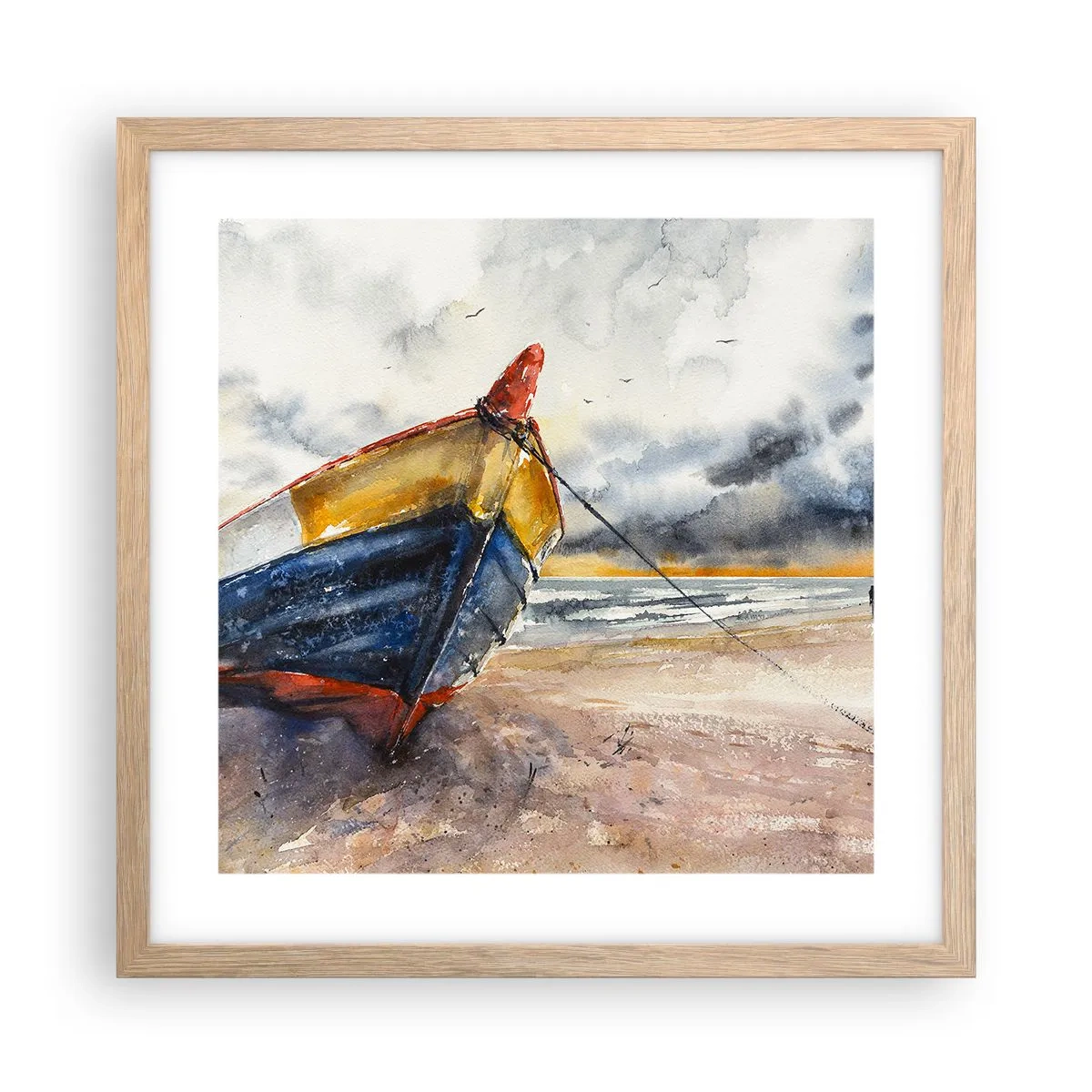 Plakat i ramme af lyst egetræ - Hvile på stranden - 40x40 cm