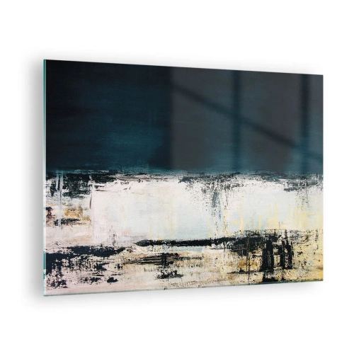 Billede på glas - Abstrakt landskab i nuancer af marineblå og hvid - 70x50cm - Vandret sammensætning - Moderne vægdekoration til stue og soveværelse ARTTOR