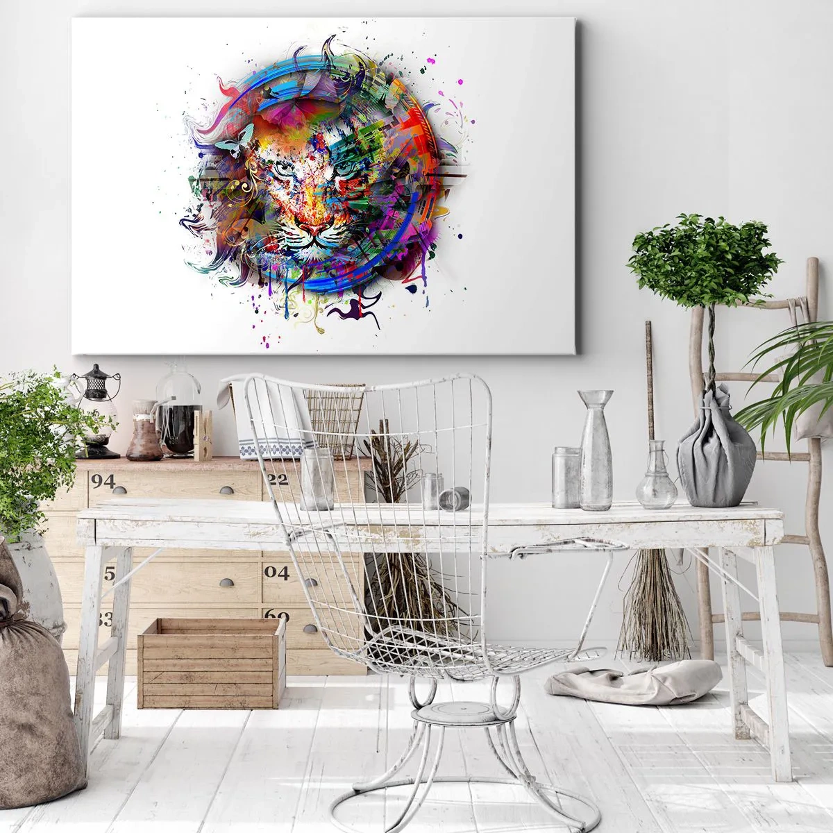Lærredstryk - Billede på lærred - Farverigt portræt af en løve i abstrakt stil - 70x50cm - Lurer bag regnbuens slør - Moderne vægdekoration til stue og soveværelse ARTTOR