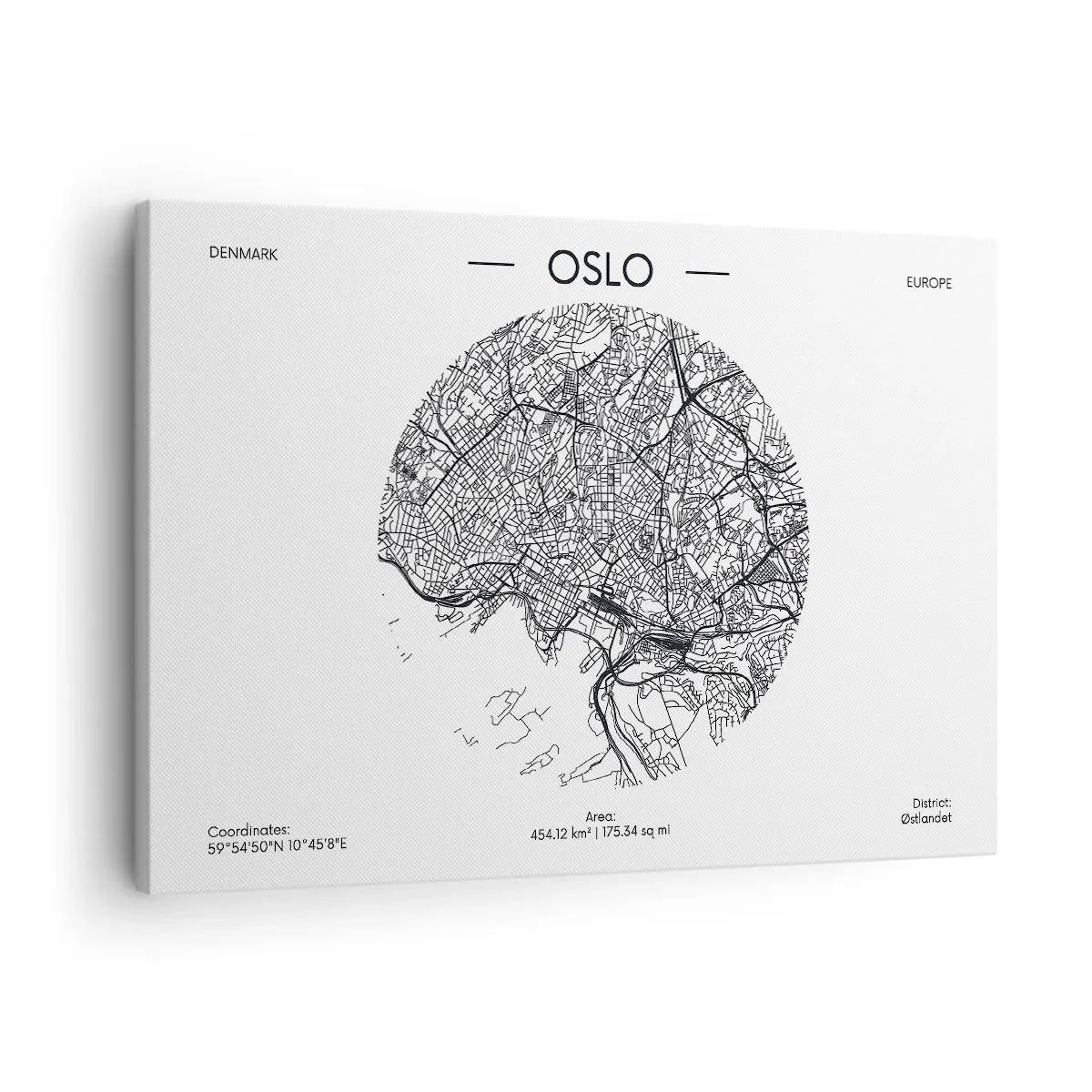 Lærredstryk - Billede på lærred - Et kort over Oslo i minimalistisk sort-hvid stil. - 70x50cm - Anatomi af Oslo - Moderne vægdekoration til stue og soveværelse ARTTOR