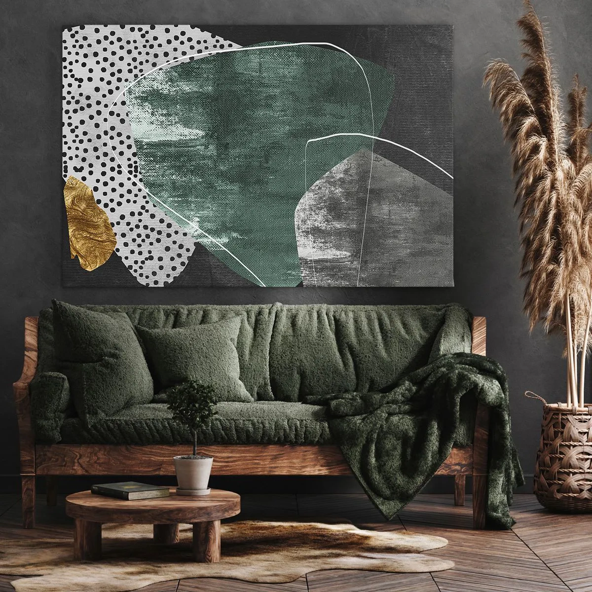 Lærredstryk - Billede på lærred - Abstrakt komposition med grønne former og prikmønstre - 70x50cm - Farverig abstraktion med en guldflager - Moderne vægdekoration til stue og soveværelse ARTTOR