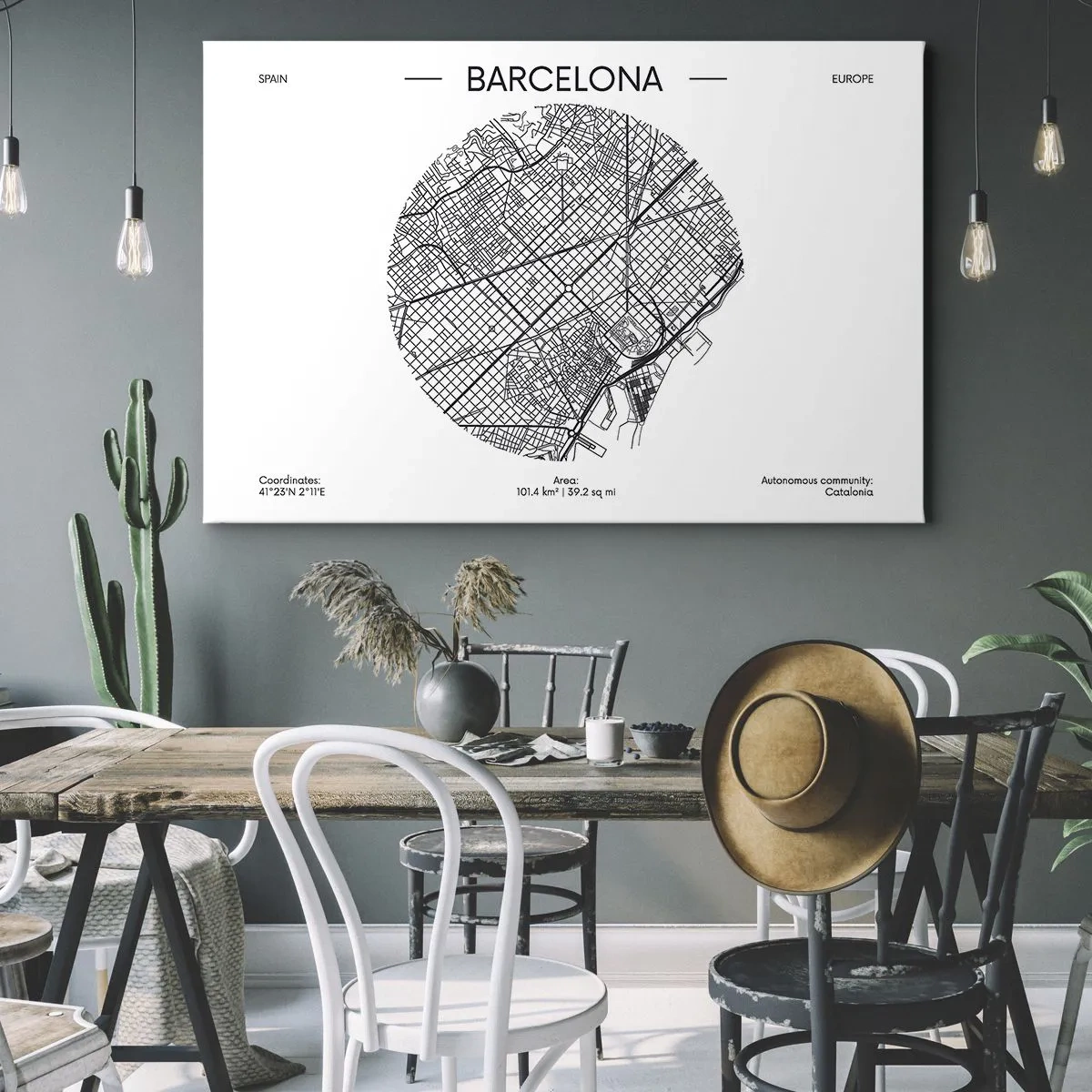 Lærredstryk - Billede på lærred - Et kort over Barcelona i minimalistisk sort-hvid stil - 70x50cm - Barcelonas anatomi - Moderne vægdekoration til stue og soveværelse ARTTOR