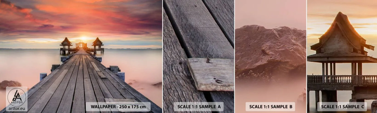 Fototapet Prøve Standard Eco - Fra vest til øst - Landskab, Træmole, Hav - 100x30 cm