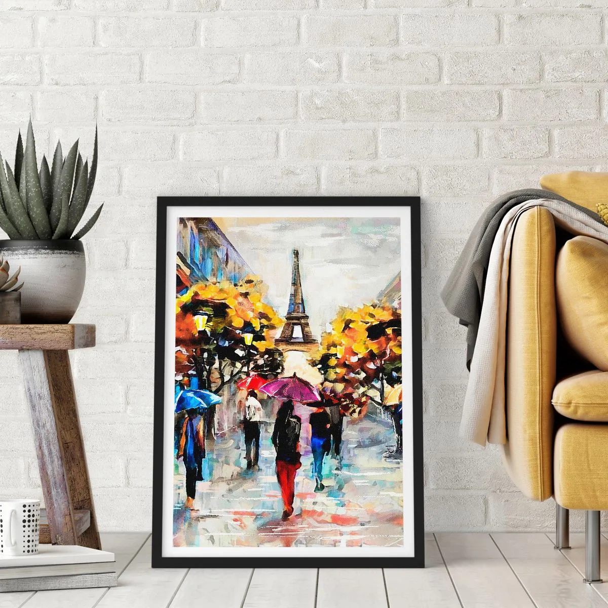 Plakat i sort ramme - Eiffeltårnet i et efterårslandskab med farverige paraplyer - 50x70cm - Særligt smuk om efteråret - Moderne vægdekoration til stue og soveværelse ARTTOR