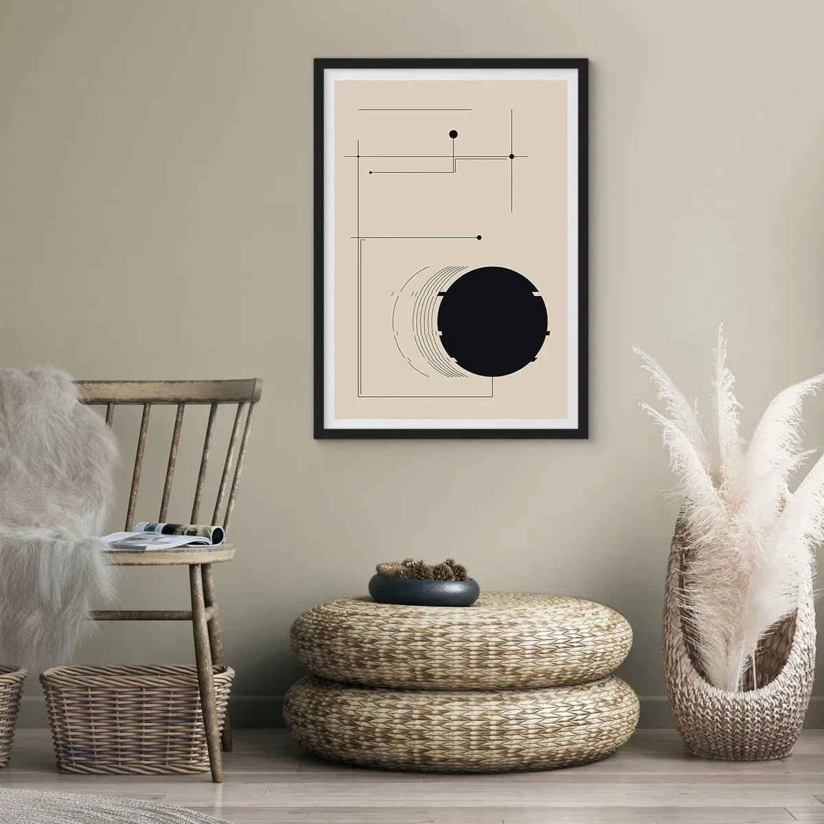 Plakat i sort ramme - En minimalistisk geometrisk komposition på en beige baggrund - 50x70cm - Fjedrende og dynamisk komposition - Moderne vægdekoration til stue og soveværelse ARTTOR