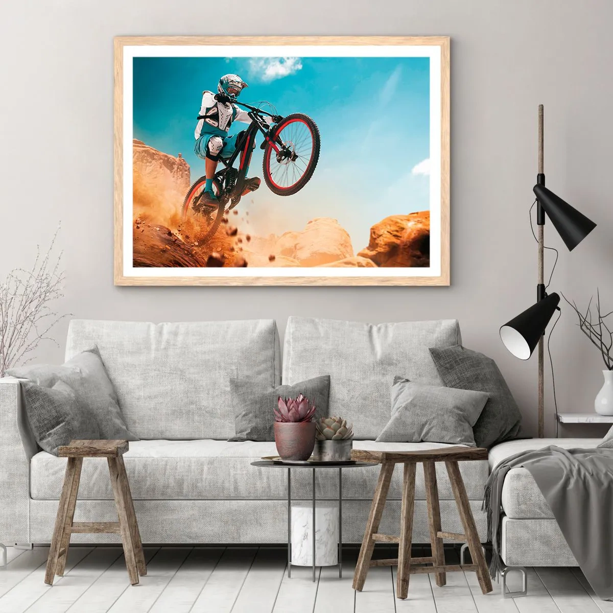 Plakat i ramme af lyst egetræ - Cykel-dæmonisk galskab - 40x30 cm