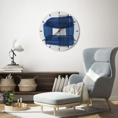 Vægur, Uret - Abstrakt motiv med blå maling og sorte linjer - 30x30cm - Blå-sort sammensætning - Moderne vægdekoration til stue, køkken og soveværelse ARTTOR