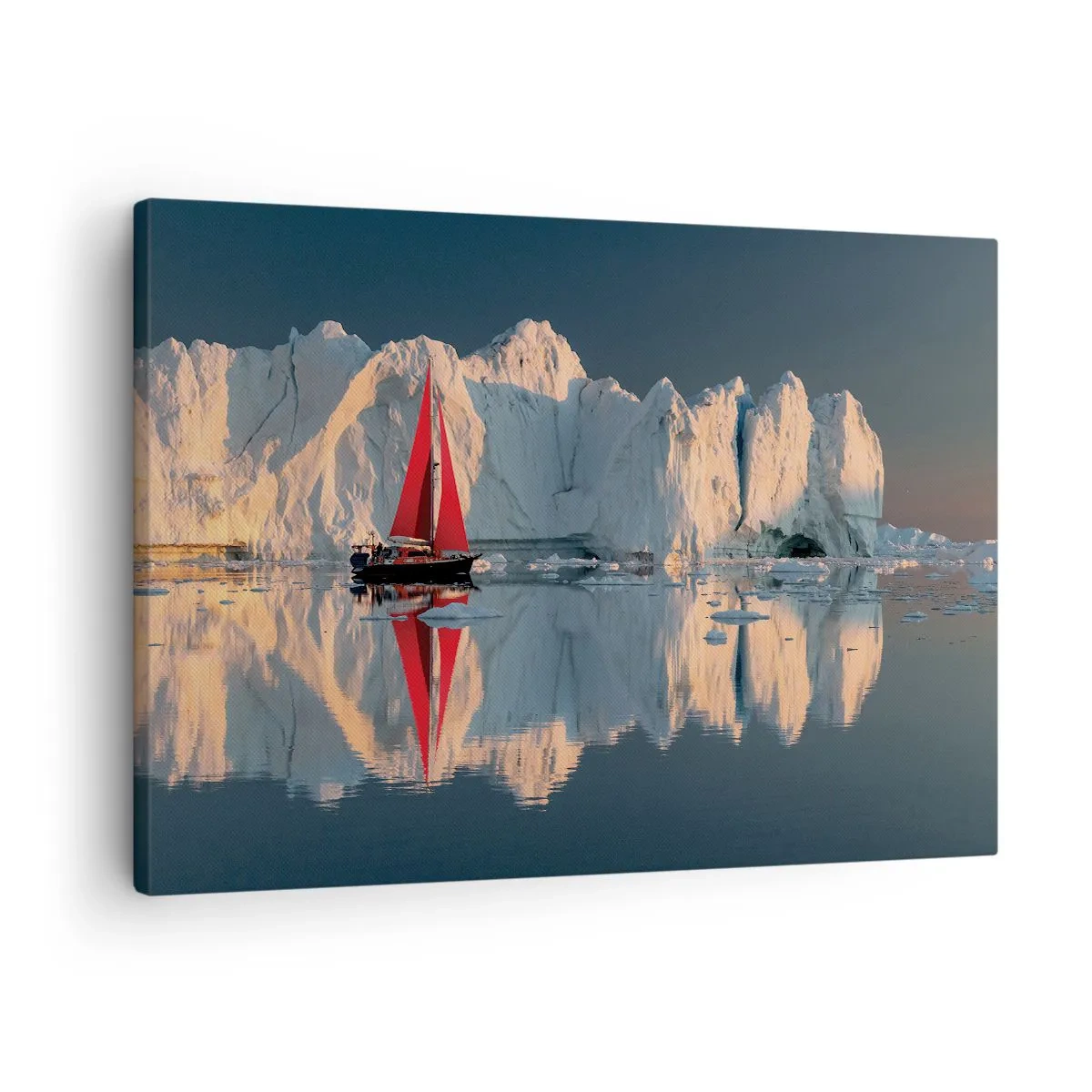 Lærredstryk - Billede på lærred - En sejlbåd med et rødt sejl mod en gletsjers baggrund - 70x50cm - På kanten af verden - Moderne vægdekoration til stue og soveværelse ARTTOR