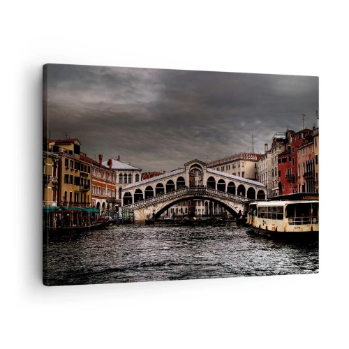 Lærredstryk - Billede på lærred - Rialtobroen i Venedig over Canal Grande, klassisk arkitektur. - 70x50cm - Løftet om en venetiansk aften - Moderne vægdekoration til stue og soveværelse ARTTOR