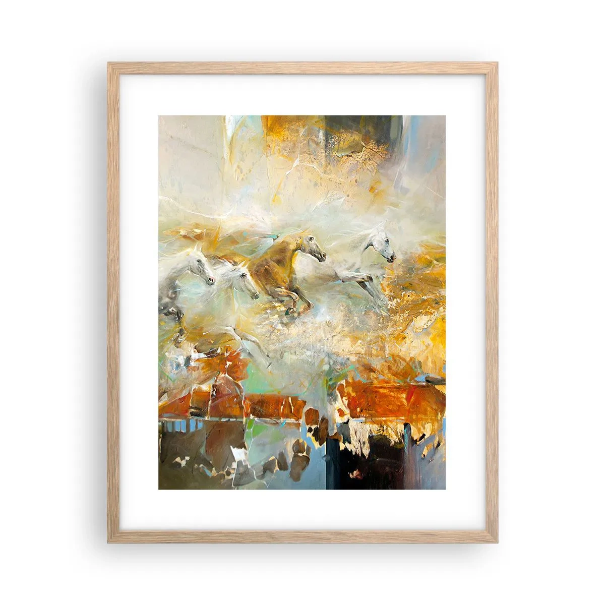 Plakat i ramme af lyst egetræ - Galopperer gennem lyset - 40x50 cm