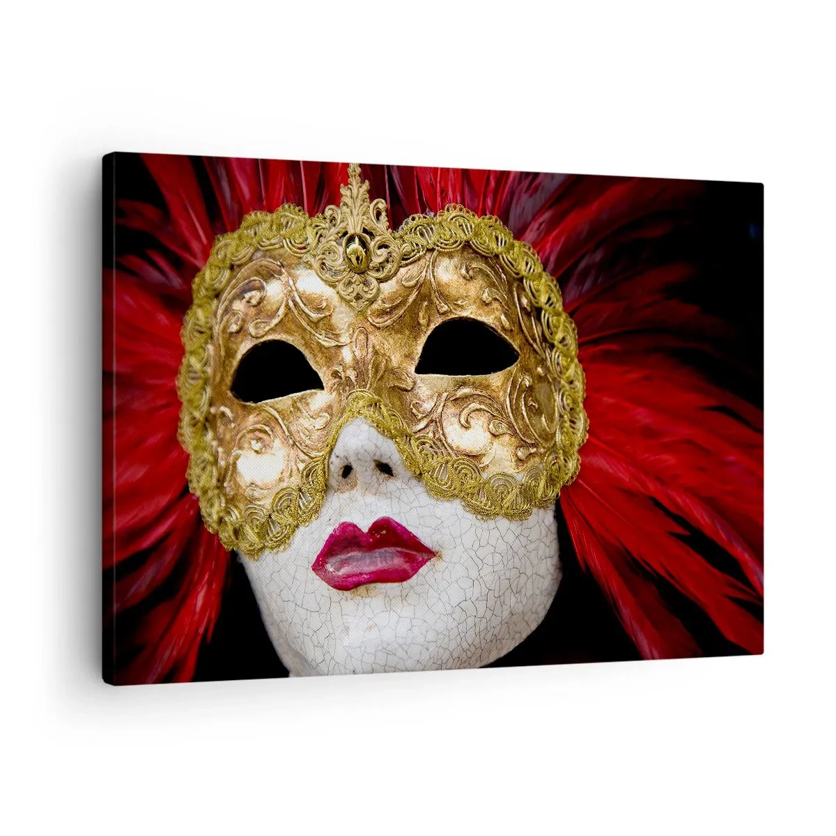 Lærredstryk - Billede på lærred - Guld venetiansk maske med røde fjer - 70x50cm - Løftet om et karnevalseventyr - Moderne vægdekoration til stue og soveværelse ARTTOR