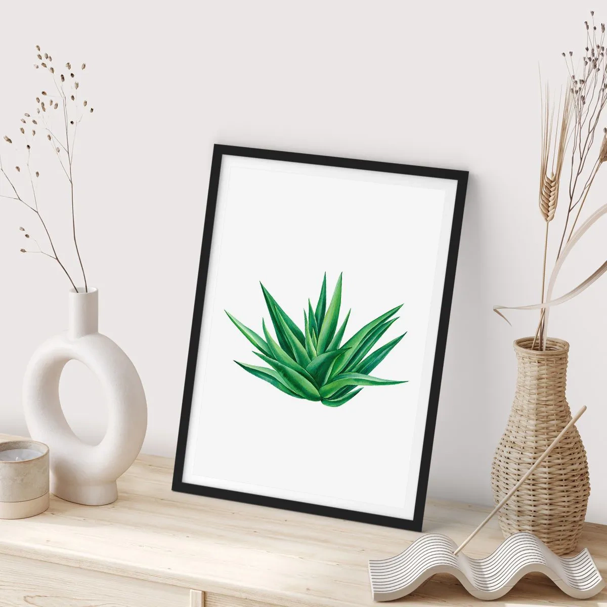 Plakat i sort ramme - Minimalistisk illustration af en grøn plante - 50x70cm - Grøn - styrke - liv - Moderne vægdekoration til stue og soveværelse ARTTOR