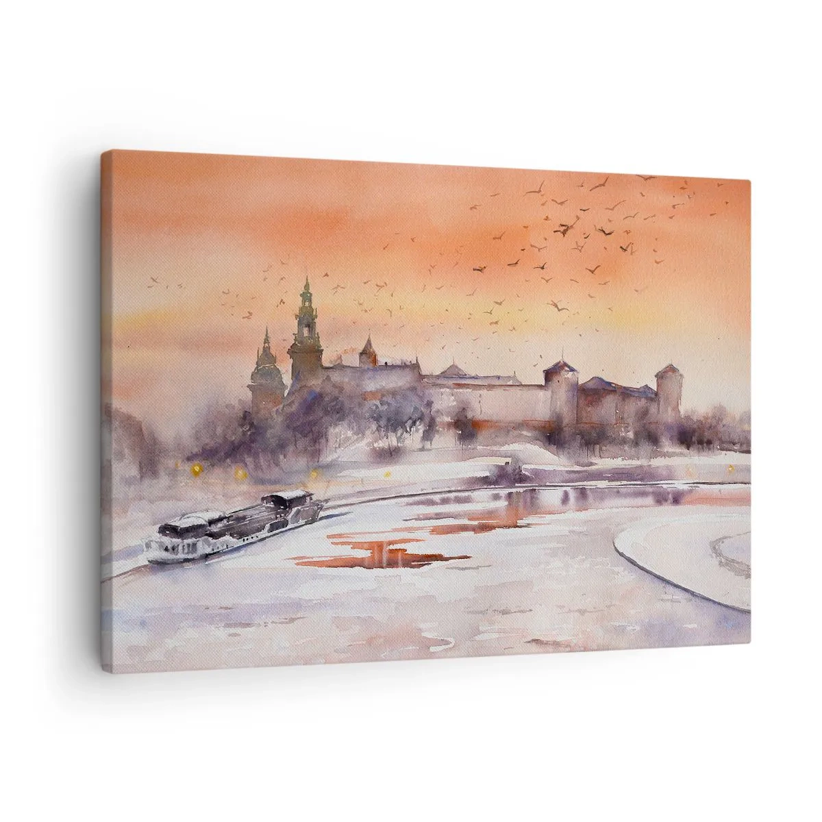 Lærredstryk - Billede på lærred - Solnedgang over slottet i et vinterlandskab - 70x50cm - Kongelig solnedgang - Moderne vægdekoration til stue og soveværelse ARTTOR