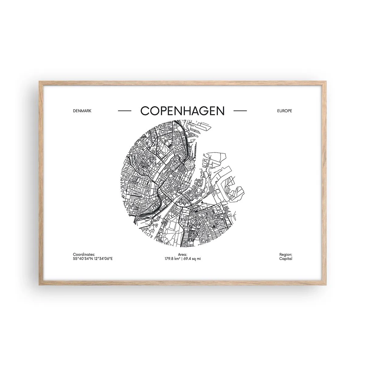 Plakat i ramme af lyst egetræ - Københavns anatomi - 100x70 cm