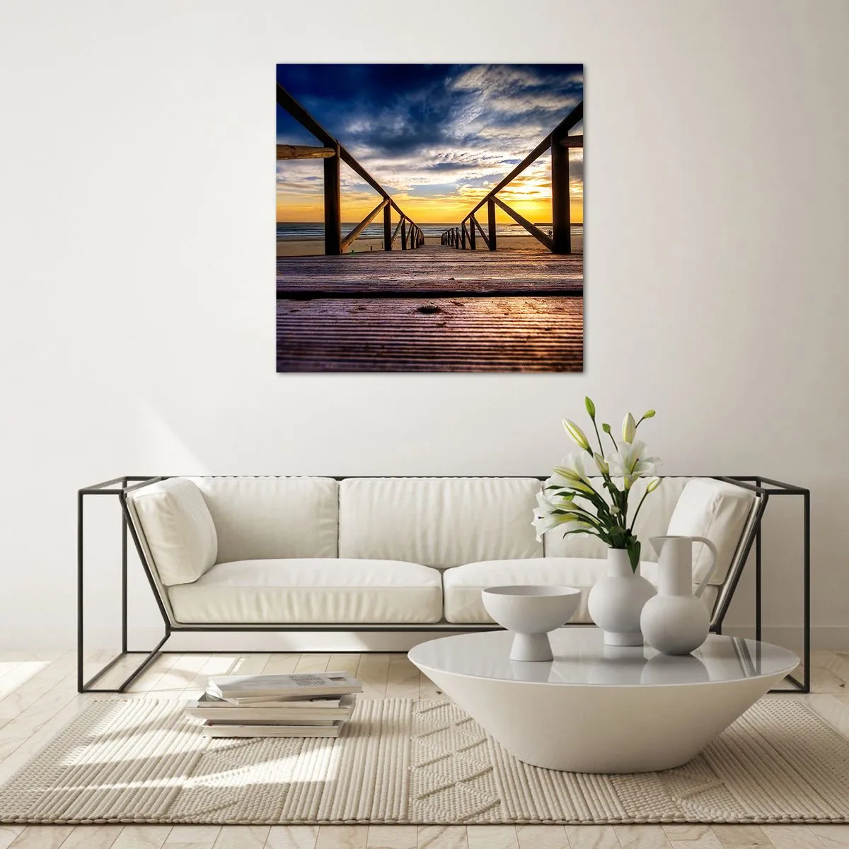 Billede på glas - Direkte til en stille strand ved solnedgang - 70x70 cm