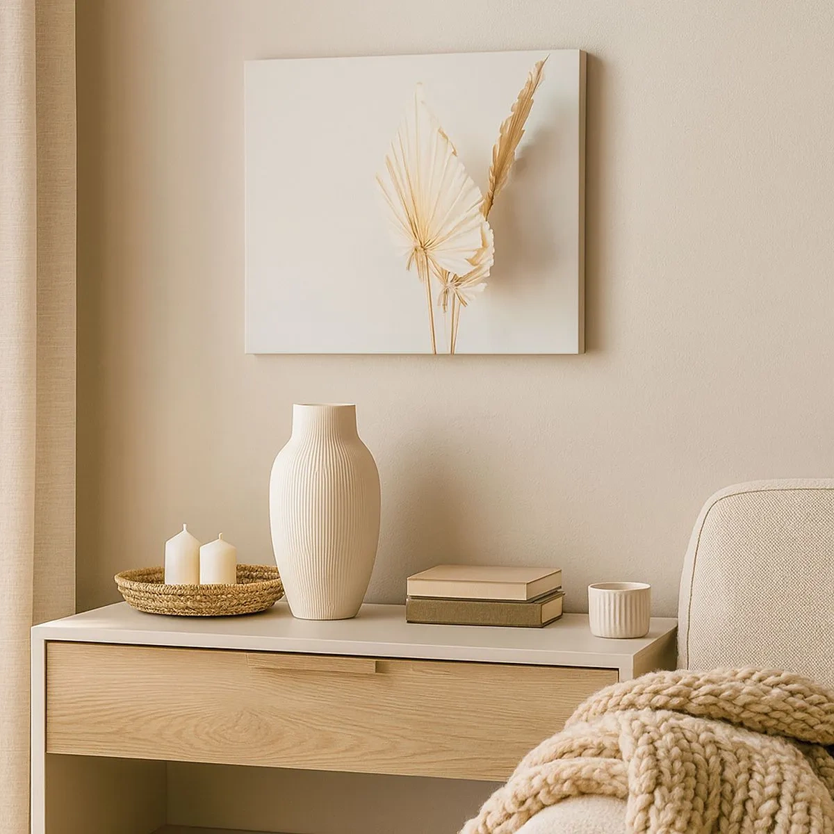 Lærredstryk - Billede på lærred - Tørrede palmeblade i et minimalistisk arrangement - 70x50cm - Når du har brug for trøst - Moderne vægdekoration til stue og soveværelse ARTTOR