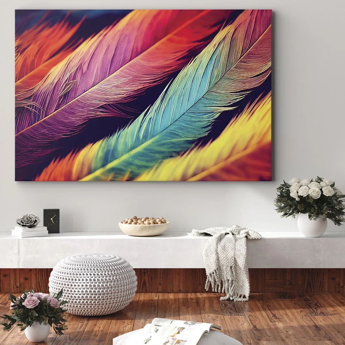 Lærredstryk - Billede på lærred - Farverige fjer i intense farver - 70x50cm - Fjeragtig regnbue - Moderne vægdekoration til stue og soveværelse ARTTOR