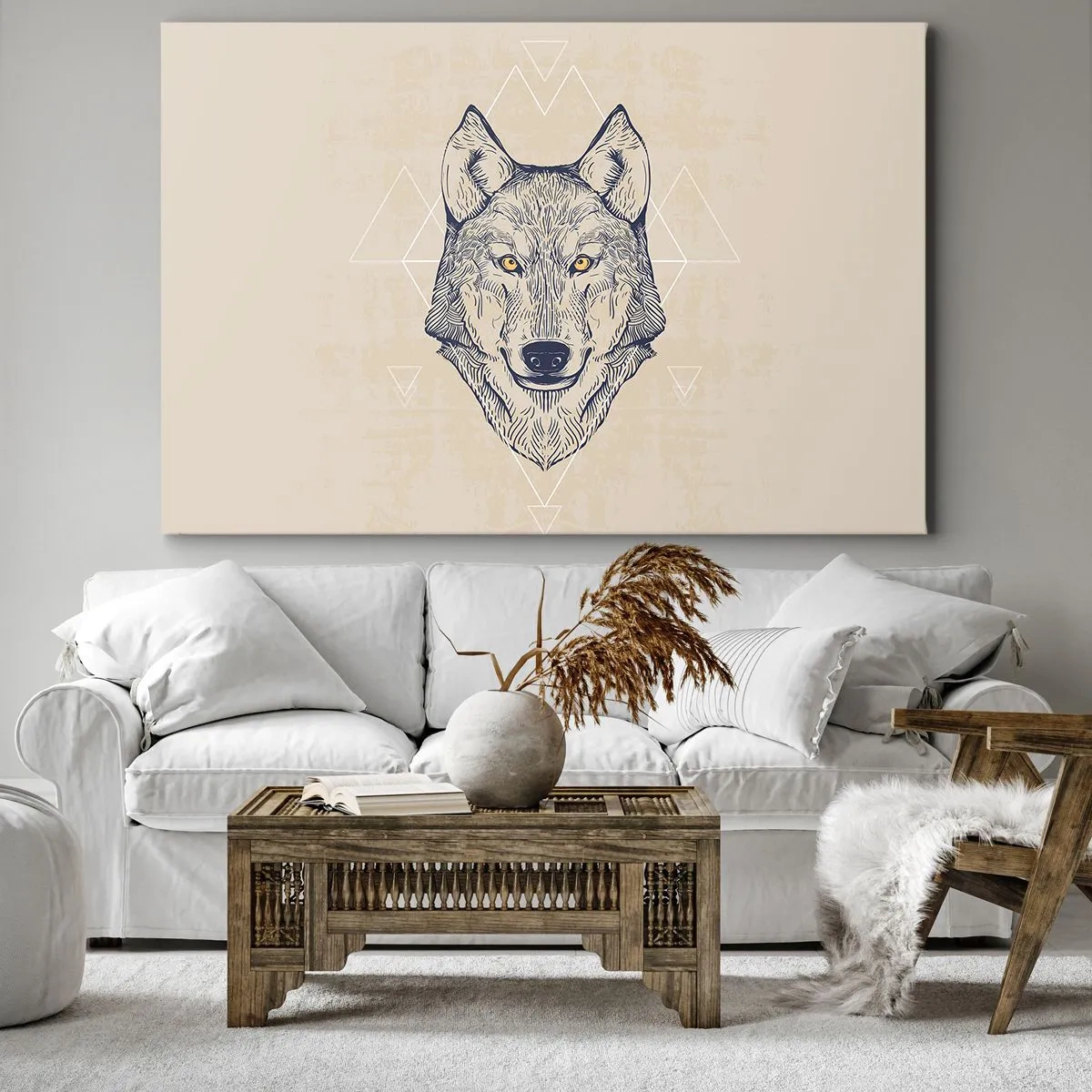 Lærredstryk - Billede på lærred - En geometrisk ulv på en lys baggrund med minimalistiske mønstre. - 70x50cm - En alfa med et gennemtrængende blik - Moderne vægdekoration til stue og soveværelse ARTTOR