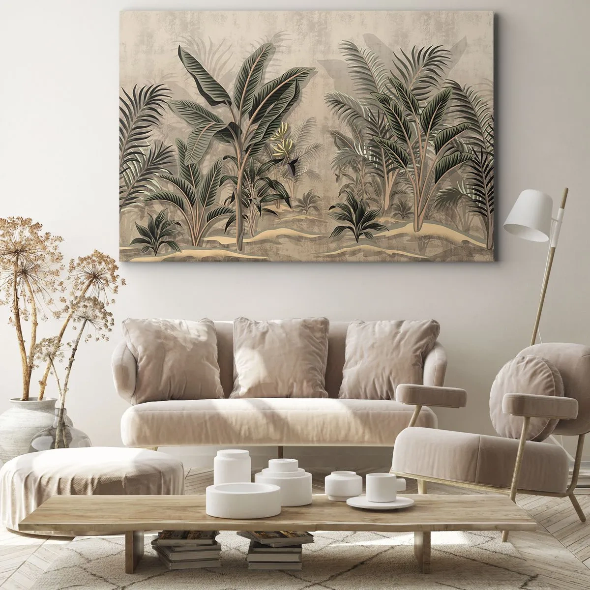 Lærredstryk - Billede på lærred - Palmer og tropisk vegetation i grønne nuancer på en beige baggrund - 70x50cm - Gravering i kolonistil - Moderne vægdekoration til stue og soveværelse ARTTOR