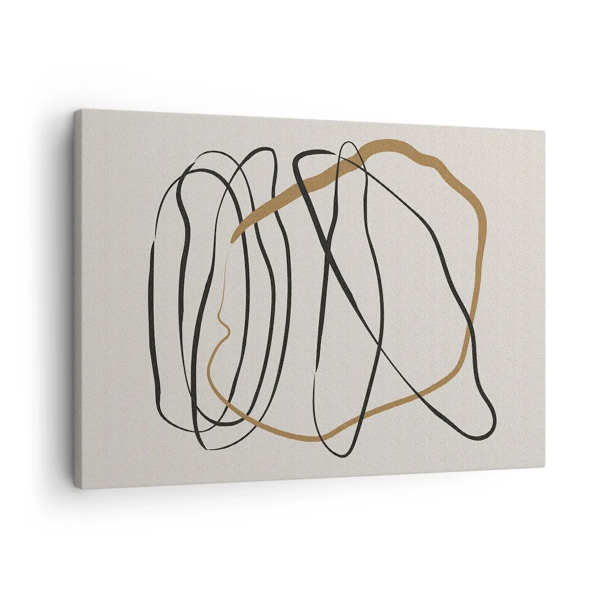 Lærredstryk - Billede på lærred - Kunstneriske linjer i sort og guld på en lys baggrund - 70x50cm - Komposition - dans i besiddelse - Moderne vægdekoration til stue og soveværelse ARTTOR