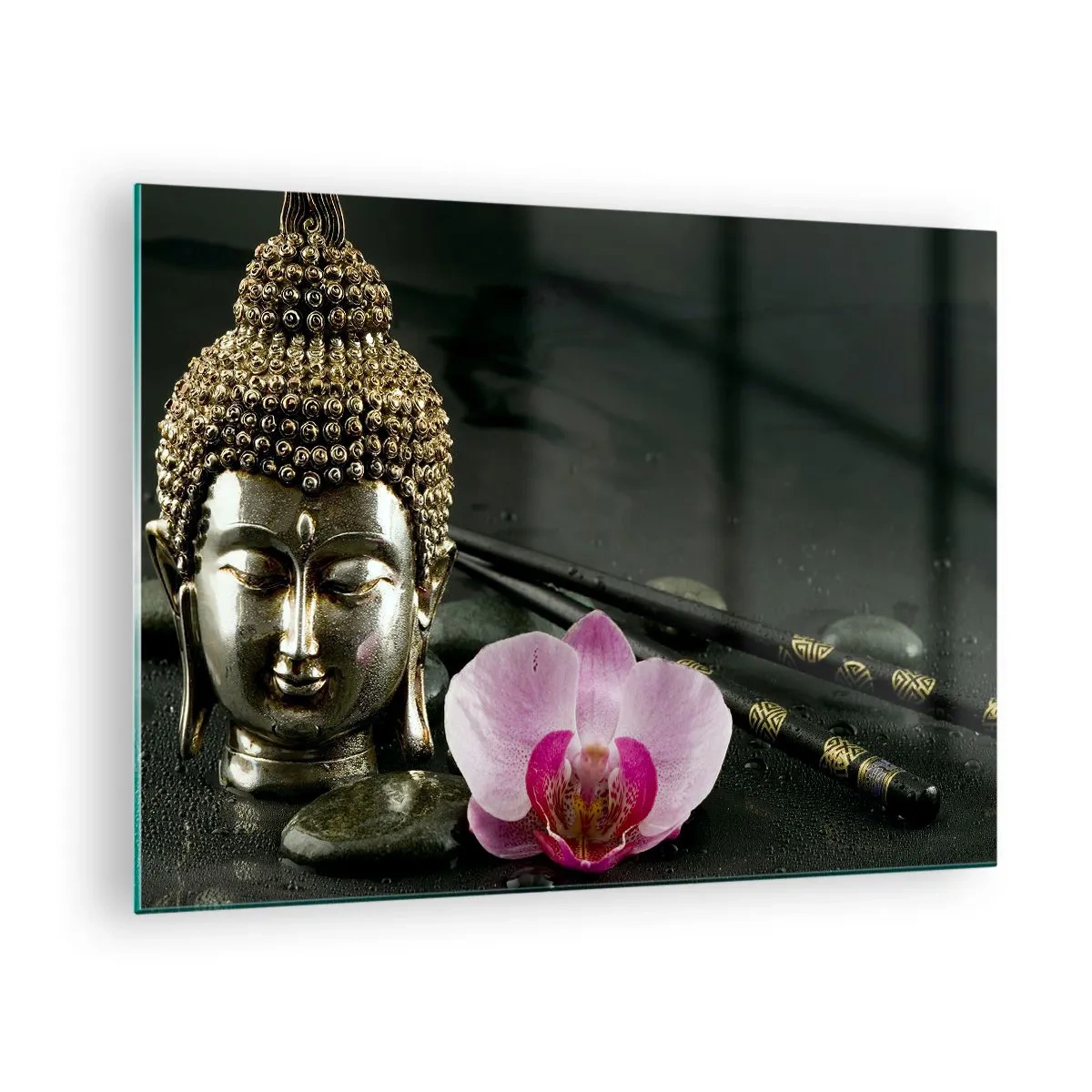 Billede på glas - Buddhistisk hoved med en lyserød blomst på en baggrund af sten - 70x50cm - Harmoni mellem visdom og skønhed - Moderne vægdekoration til stue og soveværelse ARTTOR
