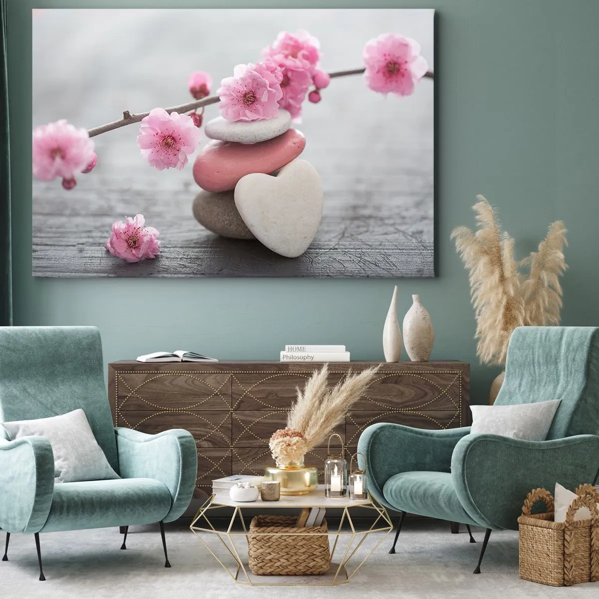 Lærredstryk - Billede på lærred - Delikate kirsebærblomster med hjerteformede sten - 70x50cm - Kirsebærblomstens lyksalighed - Moderne vægdekoration til stue og soveværelse ARTTOR