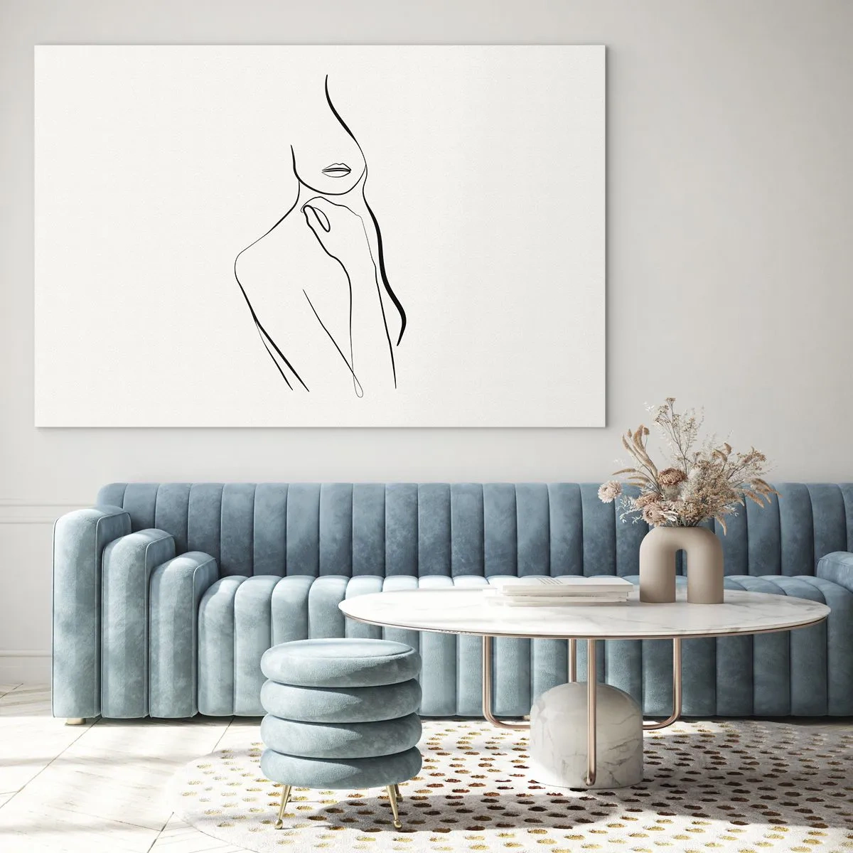 Billede på glas - En minimalistisk linje, der viser en kvindelig silhuet mod en lys baggrund - 70x50cm - Bølge af melankoli - Moderne vægdekoration til stue og soveværelse ARTTOR