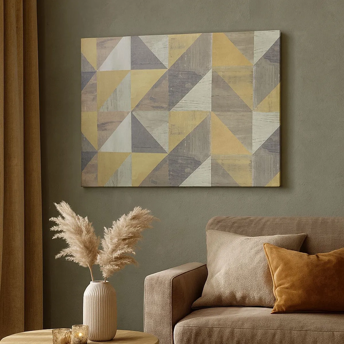 Lærredstryk - Billede på lærred - Geometrisk sammensætning af trekanter i jordfarver - 70x50cm - Ved trekantens vinkel - Moderne vægdekoration til stue og soveværelse ARTTOR