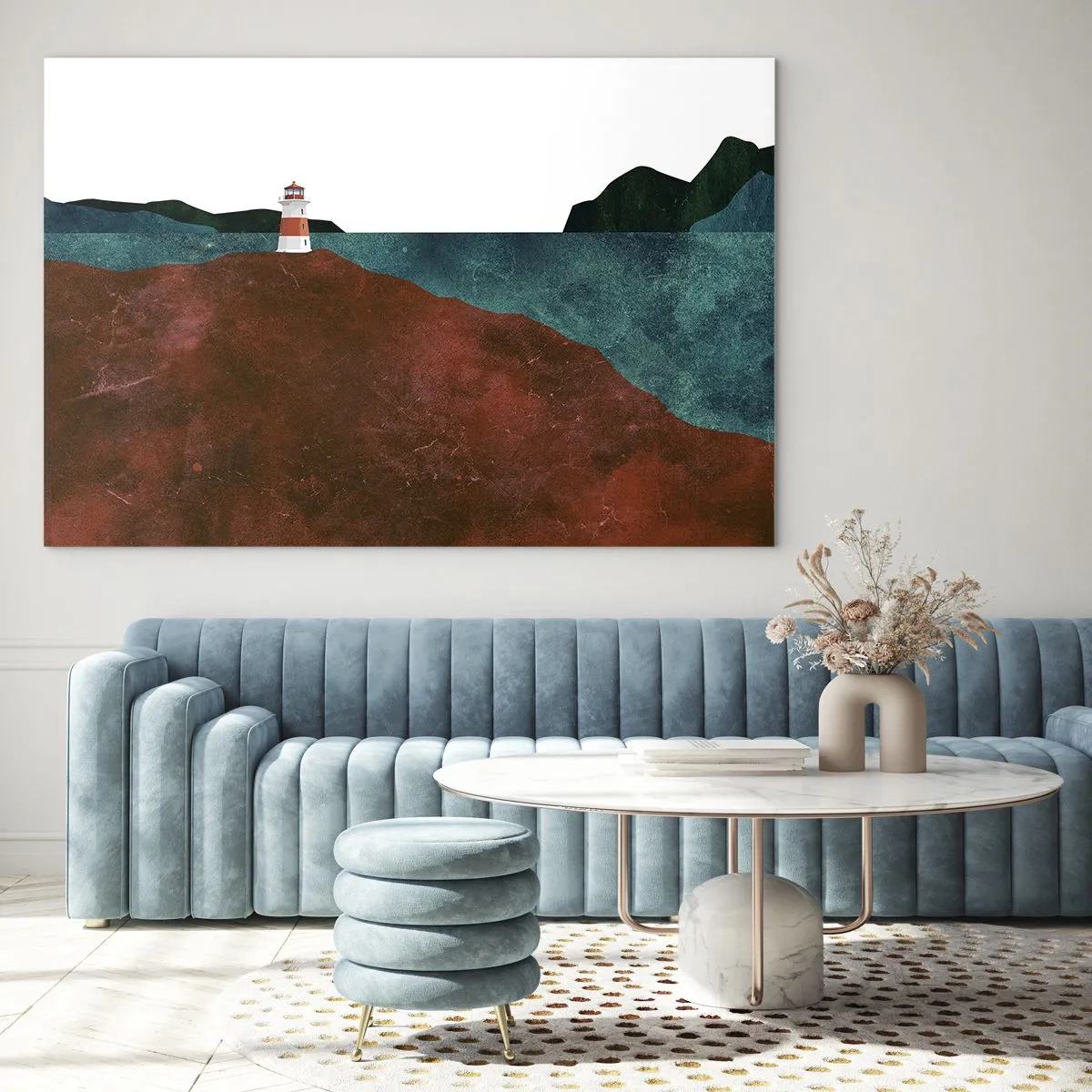 Billede på glas - Et fyrtårn med et turkisblåt hav og røde klipper som baggrund - 70x50cm - Med blikket rettet mod havet - Moderne vægdekoration til stue og soveværelse ARTTOR