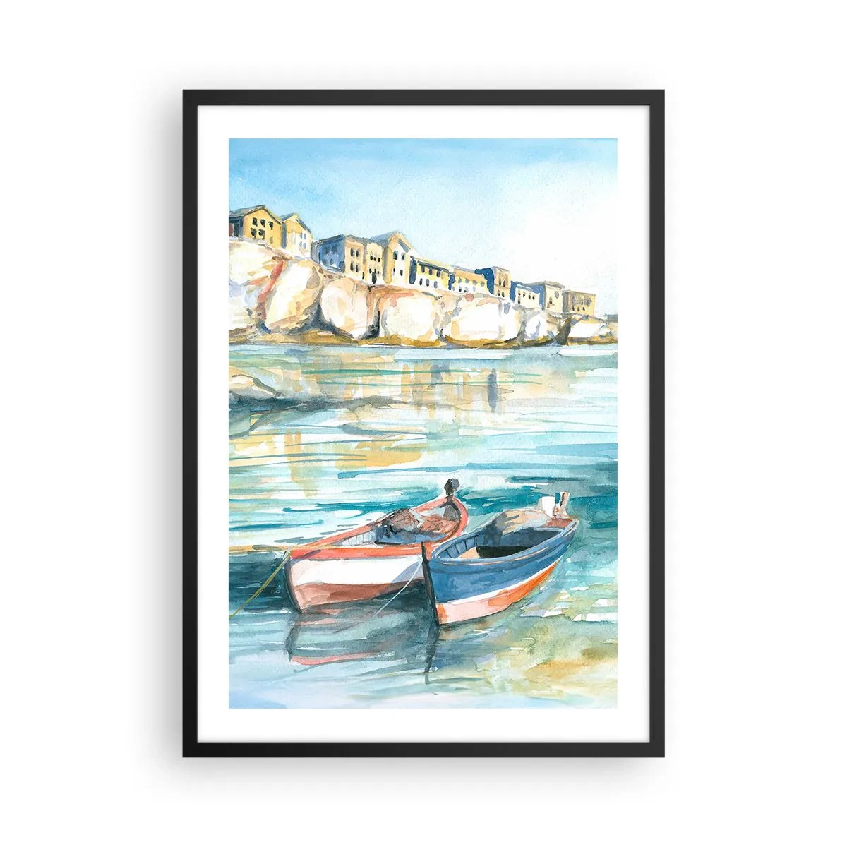 Plakat i sort ramme - Akvarellandskab med både på vandet og en kystby - 50x70cm - Landskab i azurblå - Moderne vægdekoration til stue og soveværelse ARTTOR