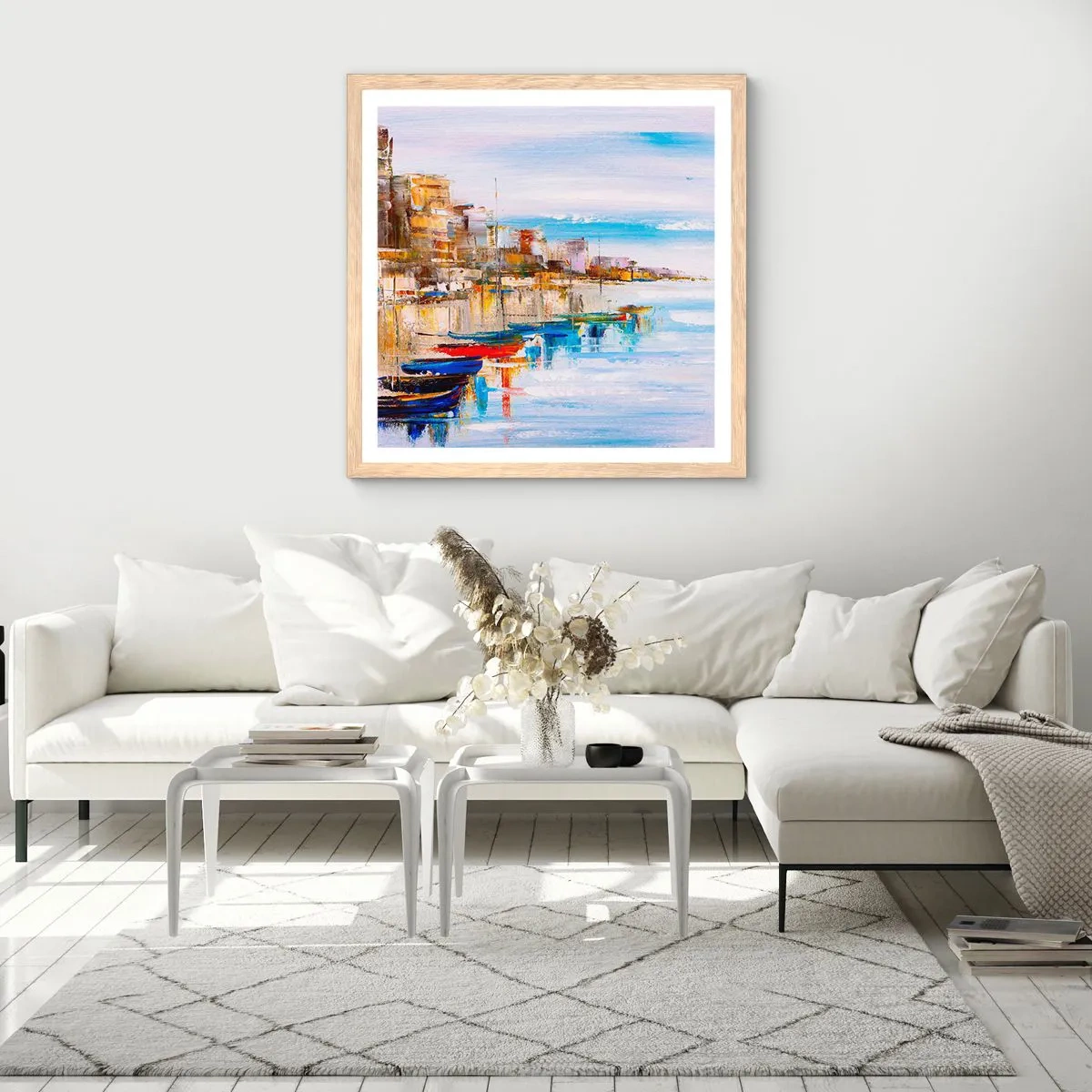 Plakat i ramme af lyst egetræ - Flerfarvet urban havn - 60x60 cm