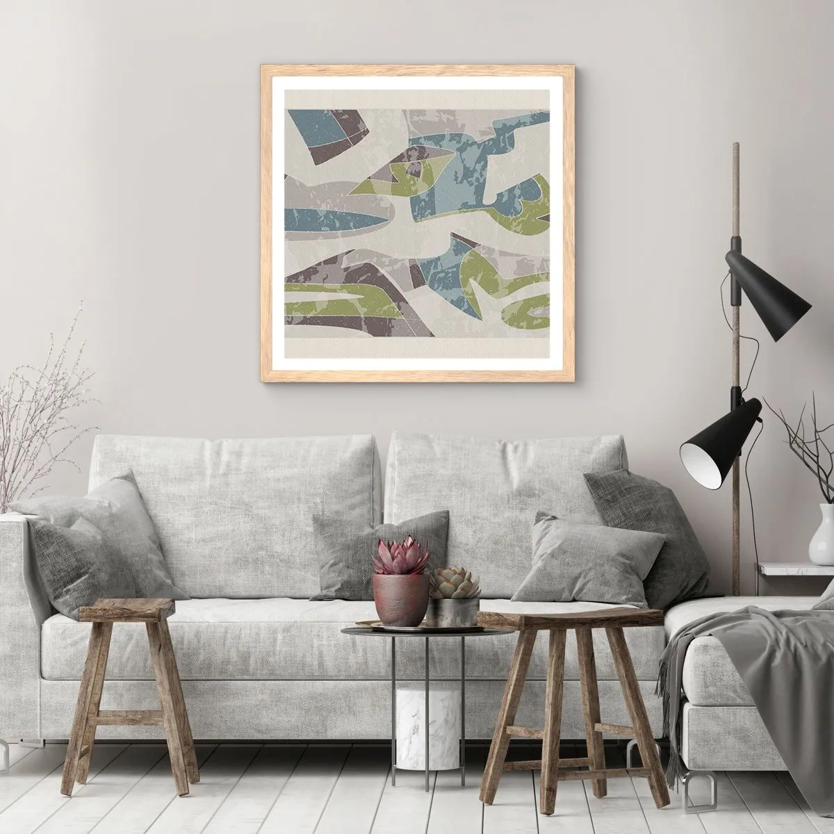 Plakat i ramme af lyst egetræ - Komposition bag glas - 50x50 cm