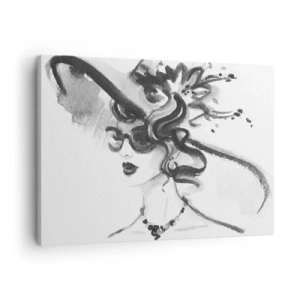 Lærredstryk - Billede på lærred - Elegant kvinde i en hat i sort og hvid stil - 70x50cm - Dame med karakter - Moderne vægdekoration til stue og soveværelse ARTTOR