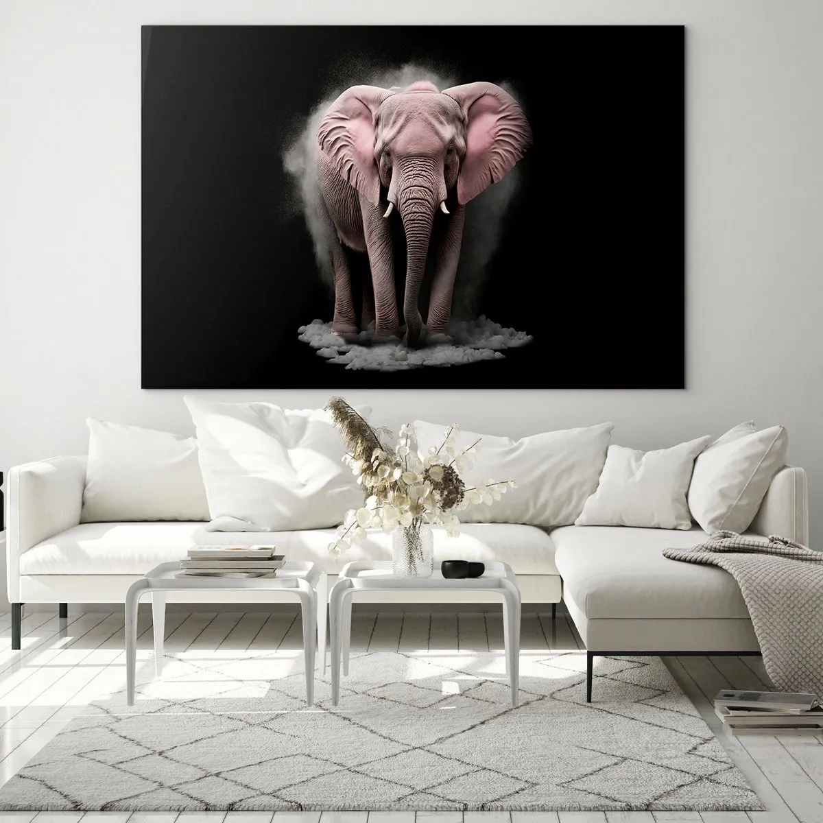 Billede på glas - En lyserød elefant på en sort baggrund omgivet af en støvsky. - 70x50cm - Tænk ikke på en lyserød elefant! - Moderne vægdekoration til stue og soveværelse ARTTOR