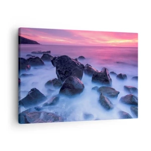 Lærredstryk - Billede på lærred - Klippekyst ved solnedgang - 70x50cm - Fødsel i glimmer og tåge - Moderne vægdekoration til stue og soveværelse ARTTOR