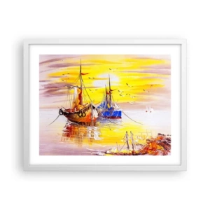 Plakat i hvid ramme - Et velfortjent hvil i havnen - 50x40 cm