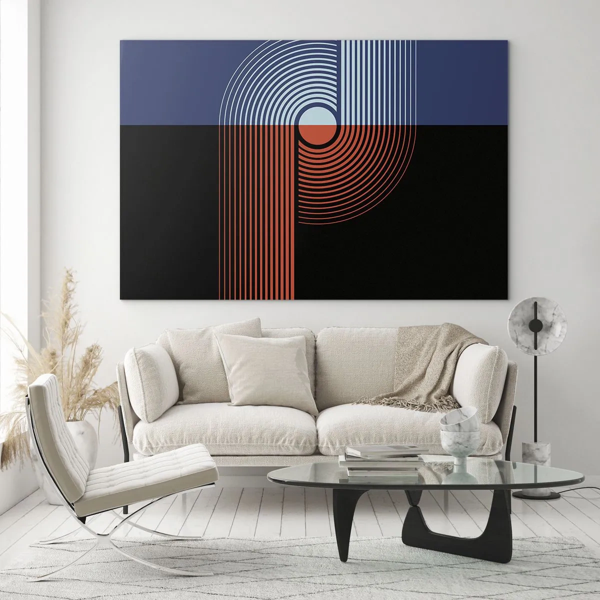 Billede på glas - Moderne geometrisk grafik i kontrasterende farver - 70x50cm - I en geometrisk omfavnelse - Moderne vægdekoration til stue og soveværelse ARTTOR