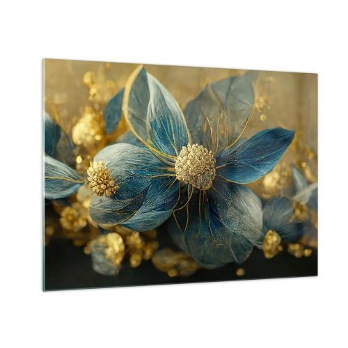 Billede på glas - Blå og gyldne blomster med en luksuriøs fornemmelse - 70x50cm - Blomstre med guld - Moderne vægdekoration til stue og soveværelse ARTTOR