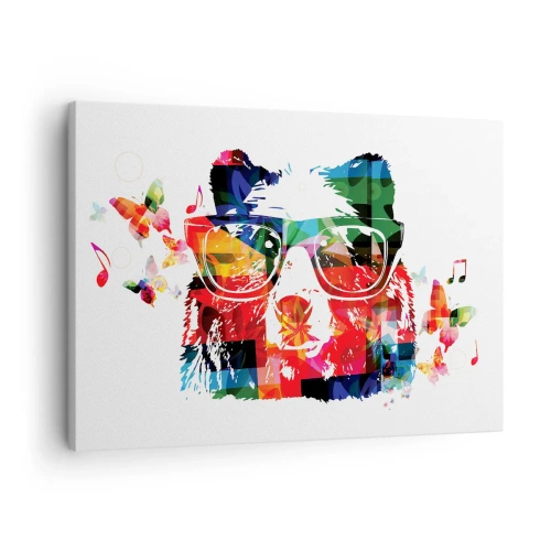 Lærredstryk - Billede på lærred - Farverig bjørn med briller, sommerfugle og musikalske noder - 70x50cm - Jeg elsker det! - Moderne vægdekoration til stue og soveværelse ARTTOR