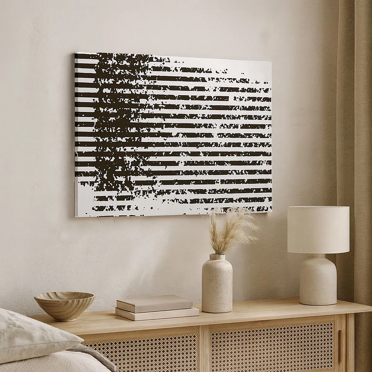 Lærredstryk - Billede på lærred - Abstrakte linjer med en distressed-effekt i sort-hvid - 70x50cm - Rytme og støj - Moderne vægdekoration til stue og soveværelse ARTTOR