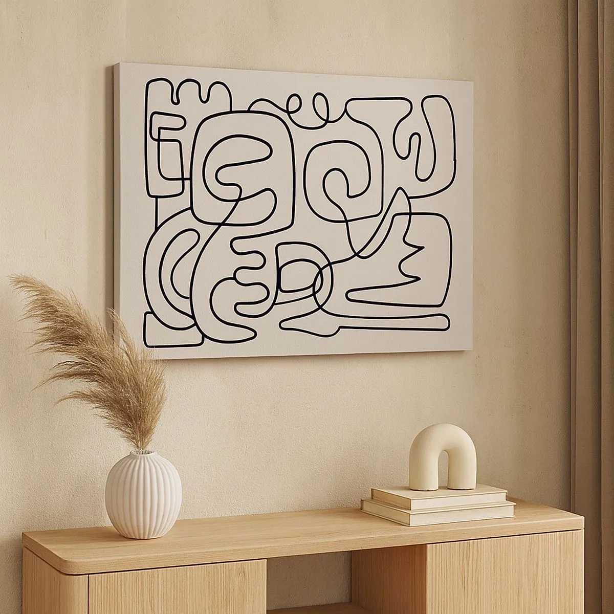 Lærredstryk - Billede på lærred - Abstrakt stregtegningsmønster i sort på en lys baggrund - 70x50cm - På sporet - Moderne vægdekoration til stue og soveværelse ARTTOR