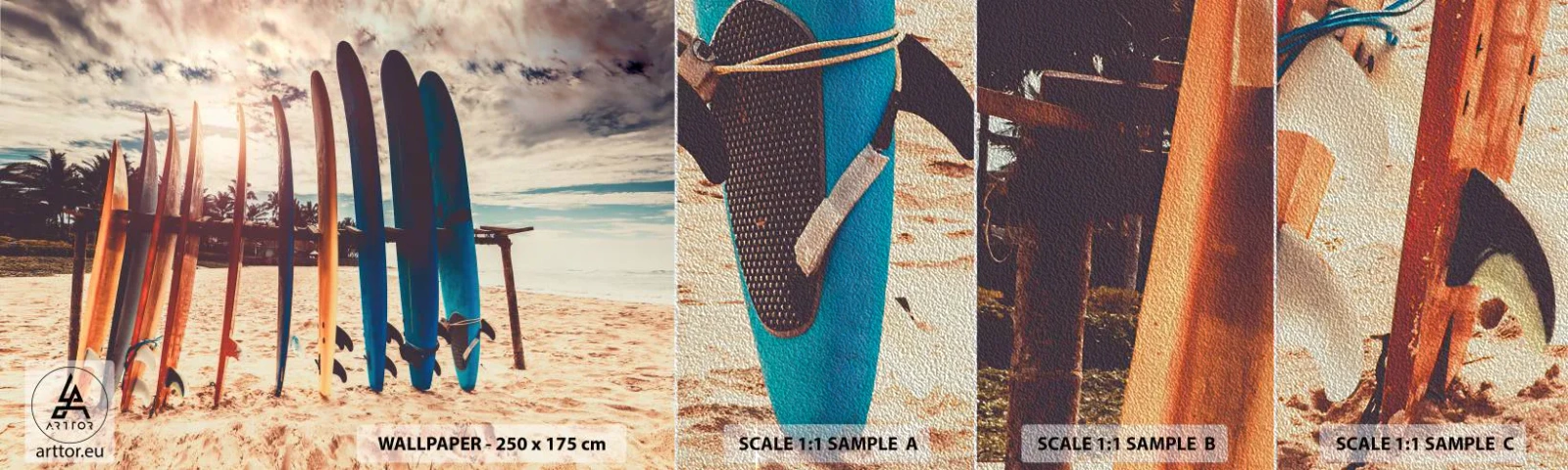 Prøve Fototapet Premium Sand - Godnat, indtil i morgen - Surfing, Landskab, Surfbræt - 100x30 cm