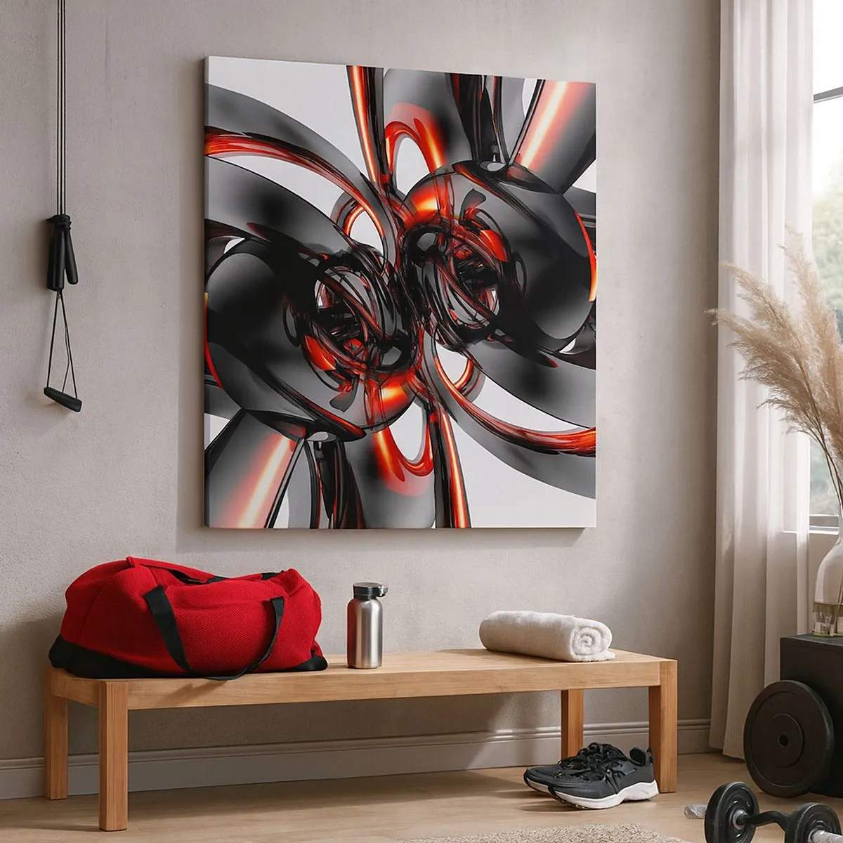 Lærredstryk - Billede på lærred - Bevægelse i grafit og rød - 30x30 cm