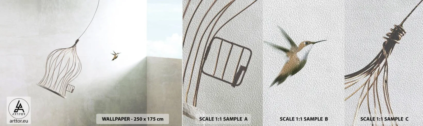 Prøve Fototapet Premium Sand - I sit elementet - Abstraktion, Fugl, Fuglebur - 100x30 cm